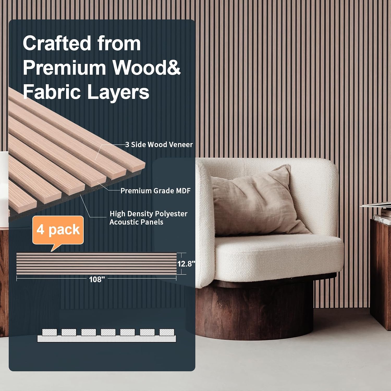 NeatiEase Wood Panels for Wall, 4-Piece 108' x 12.6' Soundproof Wood Slat Wall Panel for Interior Wall Decor Noise Cancelling, Acoustic Wall Panels, Sound Absorbing Panel (Rustic Oak)