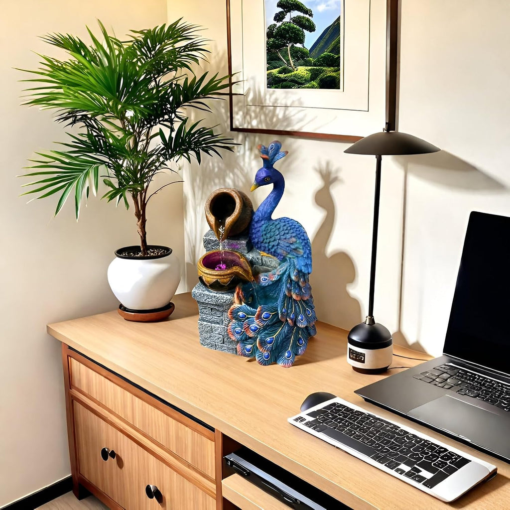 13.8-inch Peacock-Shaped Indoor Tabletop Fountain with LED Lights, Multi-Layer Waterfall & Crystal Ball – Includes 10 Free Natural Crystals – Silent Zen Decor for Home, Office & Meditation