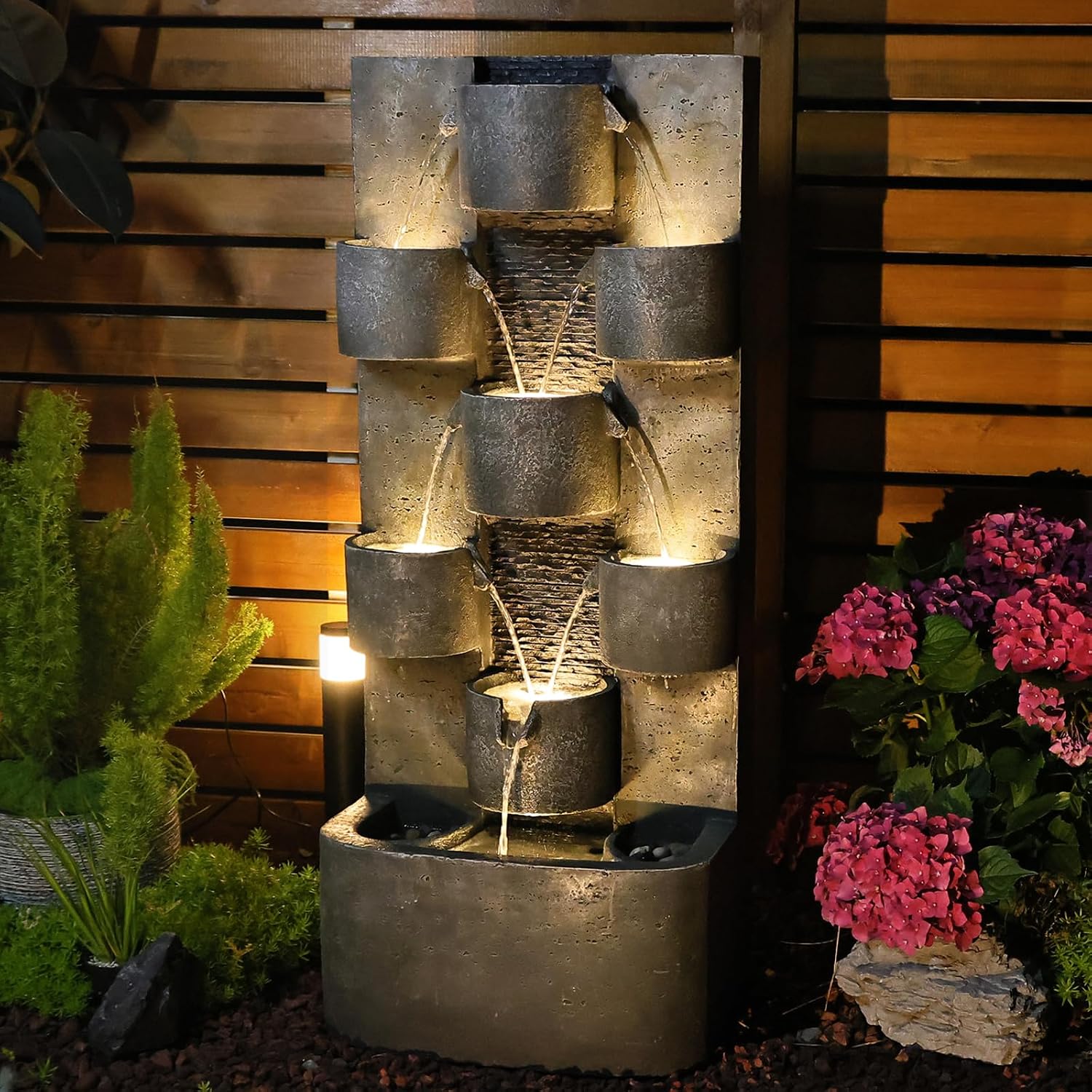 Tankana 45' H Outdoor Water Fountain Garden - Large Cascading Waterfall Freestanding Fountains Water Feature with Lights for Patio Backyard Deck Porch and Home Decor, Concrete Artistry Style, Gray