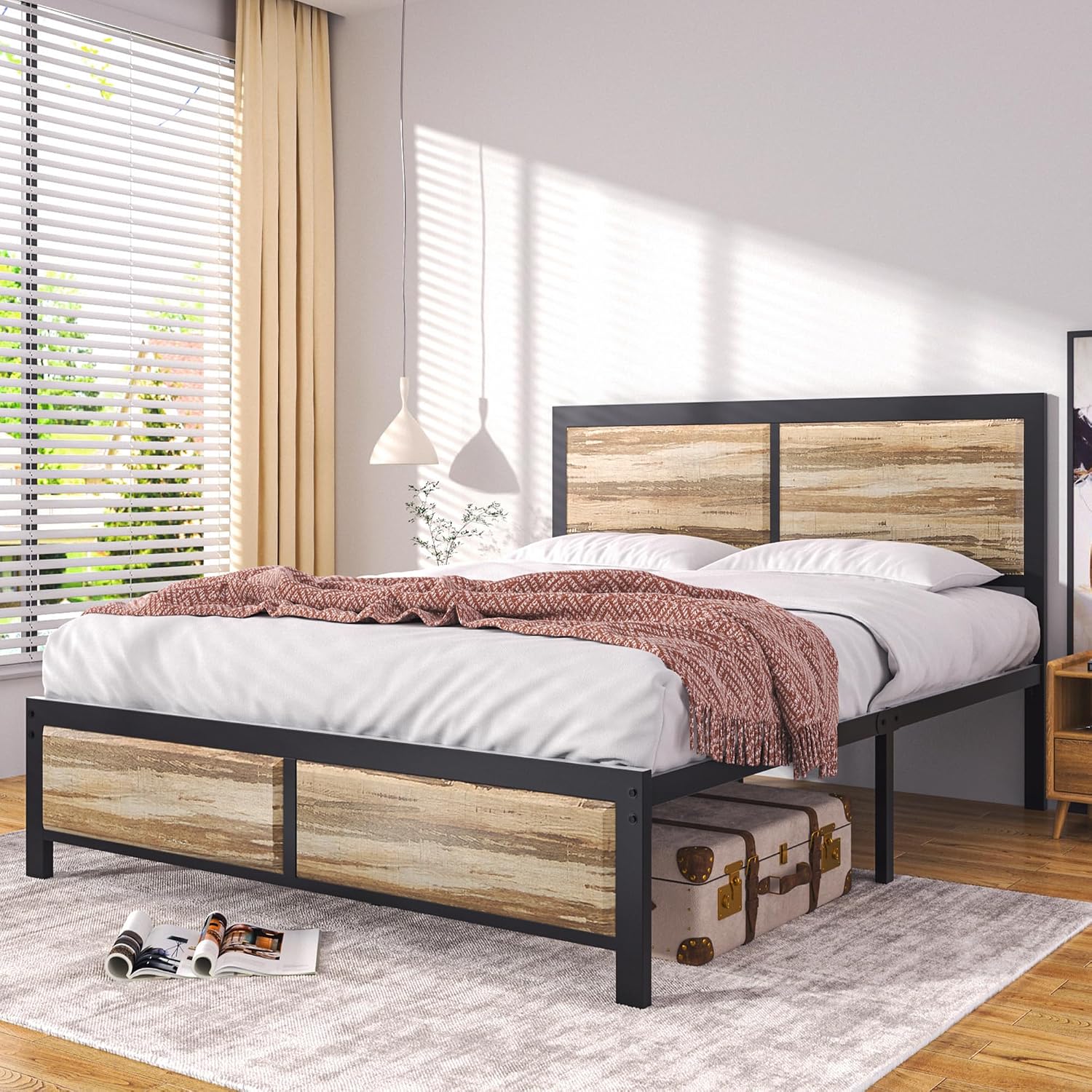 VECELO Queen Size Bed Frame with Wood Headboard and Footboard, 14 Inch Platform Mattress Foundation, No Box Spring Needed, Heavy Duty Slats Support, Easy Assembly, Rustic Oak
