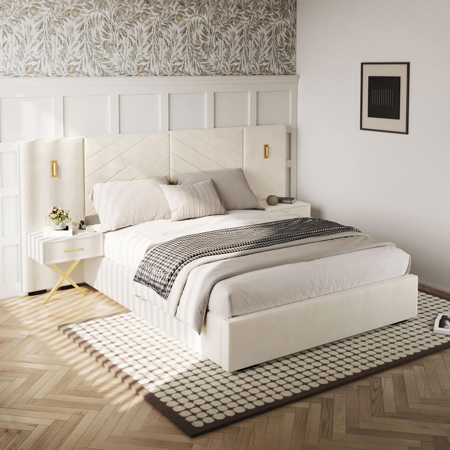 DEINPPA Luxury Queen Bed Frame with Built-in Gold LED Lights and Nightstands, Queen Size Platform Bed with Oversize Upholstered Headboard, No Box Spring Needed-Beige
