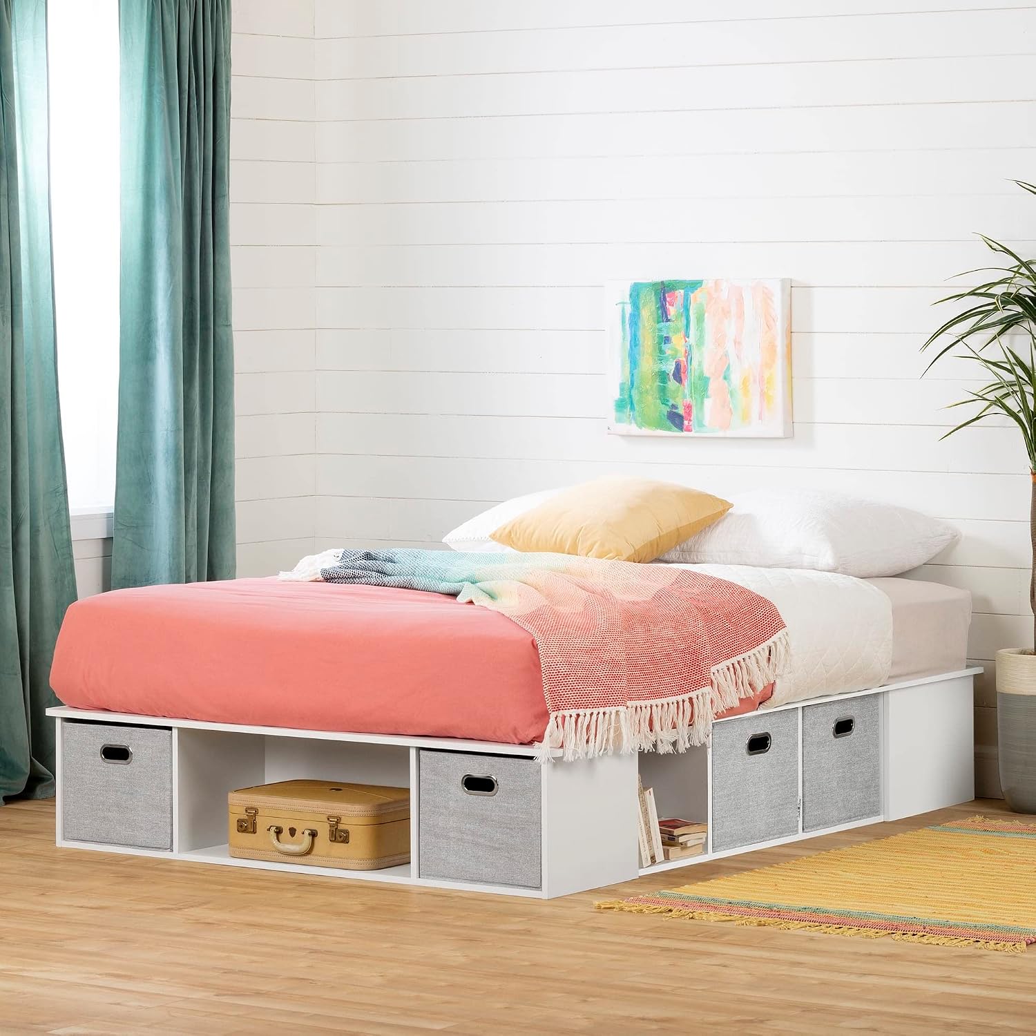 South Shore Flexible Full Platform Bed with Storage and Baskets, Pure White
