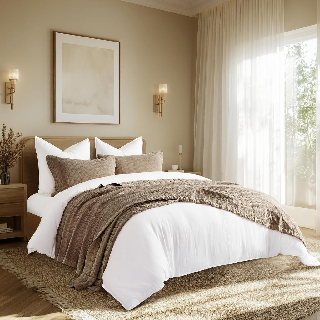 EVERGRACEHOME Stonewashed Cotton Quilt Set Full Queen Size, Ultra Soft Oversized Bedspread Coverlet Set, Lightweight Crinkle Box Stitch Bedding Sets for All Season, with 2 Shams, Mocha Brown