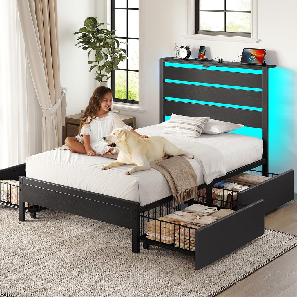 Rolanstar Twin Bed Frame with 4 Drawers, LED Lights and Charging Station, Metal Platform Bed with Storage Headboard, Noise Free, Easy Assembly, No Box Spring Needed, Black