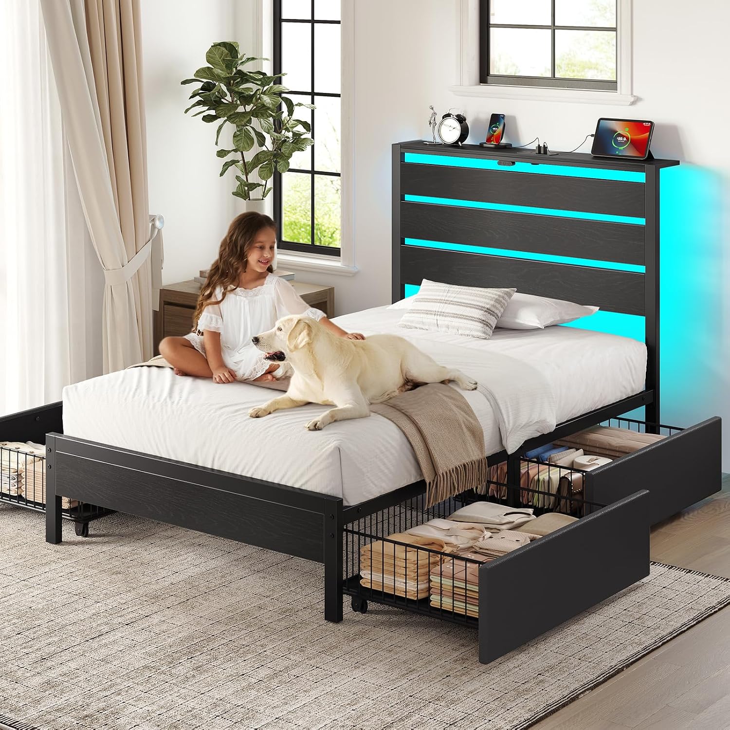 Rolanstar Twin Bed Frame with 4 Drawers, LED Lights and Charging Station, Metal Platform Bed with Storage Headboard, Noise Free, Easy Assembly, No Box Spring Needed, Black