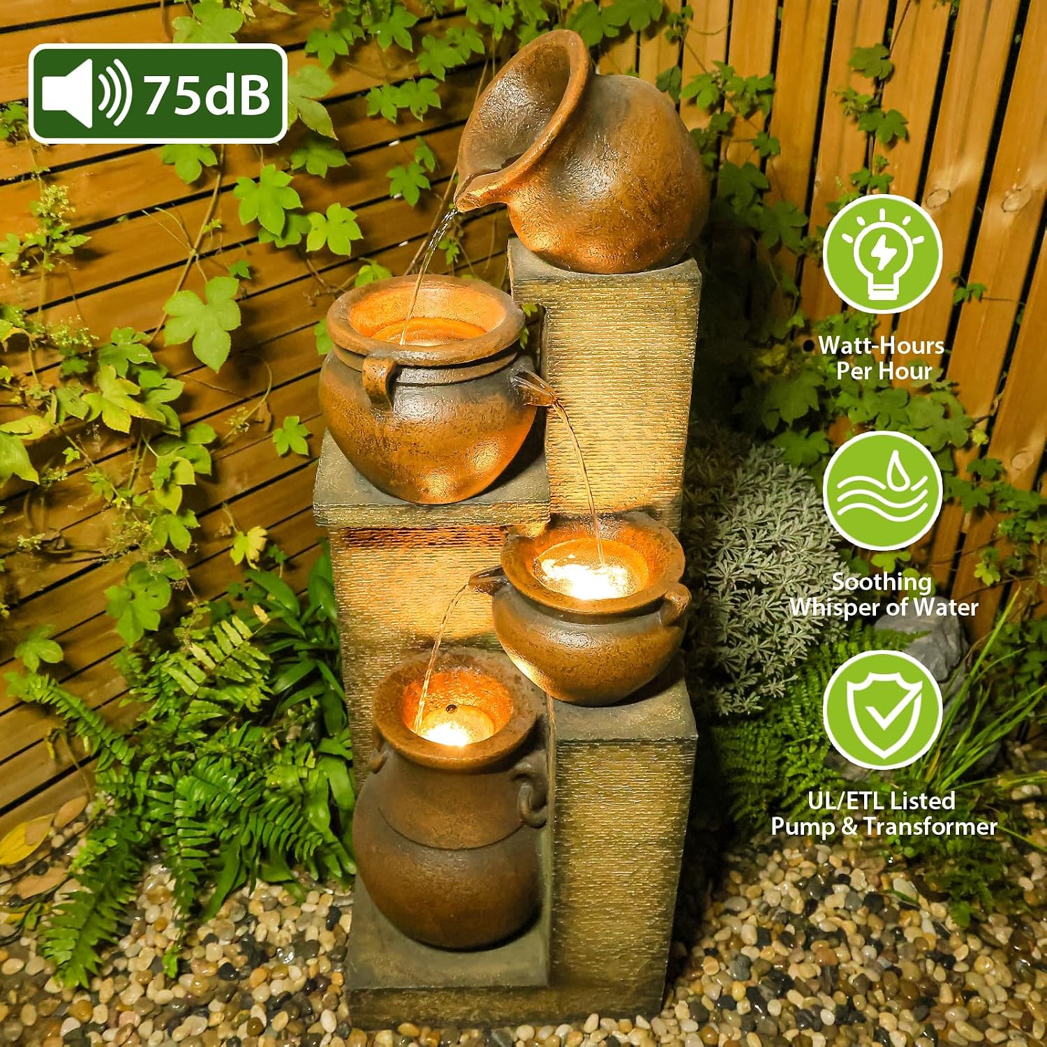 Bumilgar 53' H Patio Water Fountain - The 4 Cascading Modern Feature Crocks Garden Fountains and Waterfalls with Warm Lights for Porch, Deck, Patio, Backyard Home Décor (Gold)