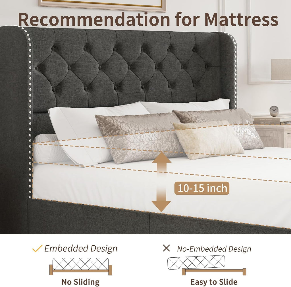 BRELTAM Queen Size Bed Frame with Storage Drawers and Wingback Headboard Linen Upholstered Platform Bed Frame Tufted Beds with Heavy Duty Wood Slats, Noise Free, Easy Assembly, Dark Grey