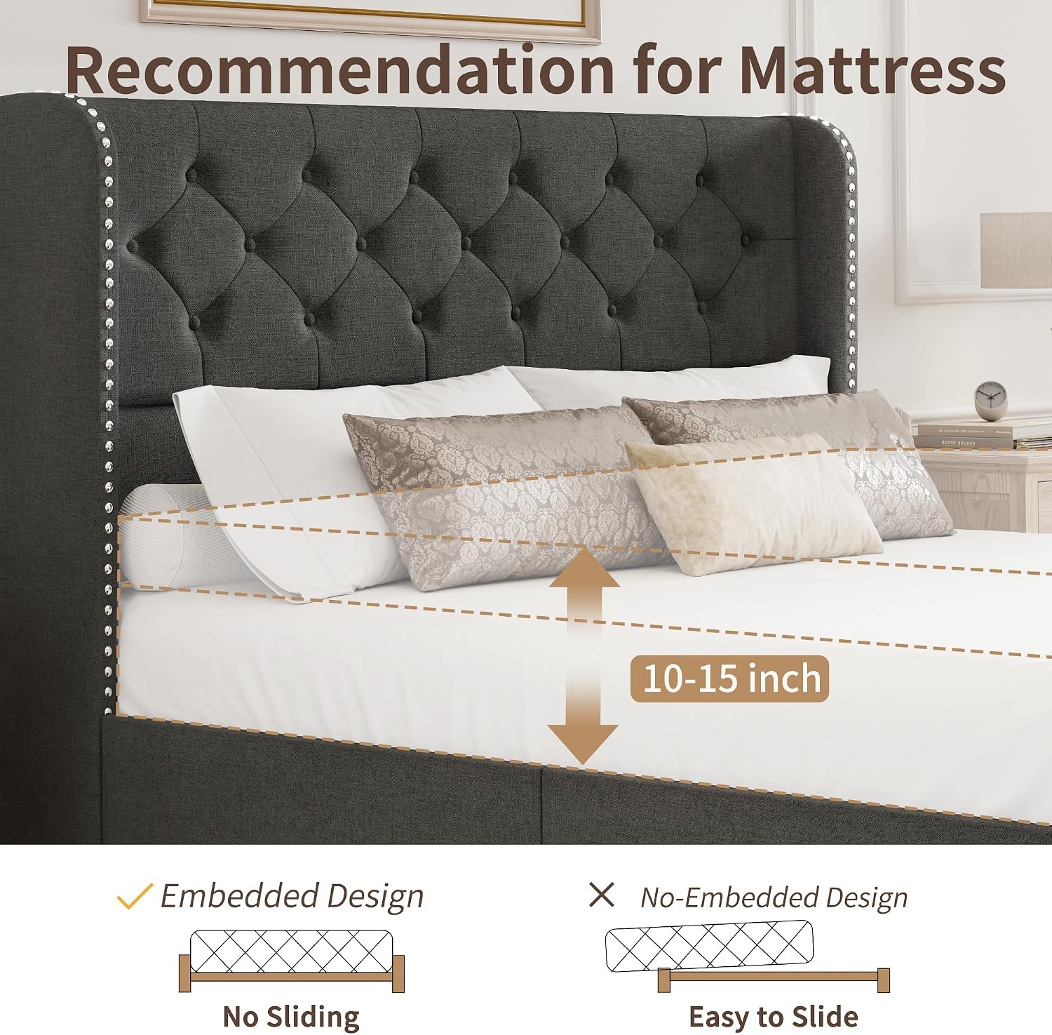 BRELTAM Queen Size Bed Frame with Storage Drawers and Wingback Headboard Linen Upholstered Platform Bed Frame Tufted Beds with Heavy Duty Wood Slats, Noise Free, Easy Assembly, Dark Grey