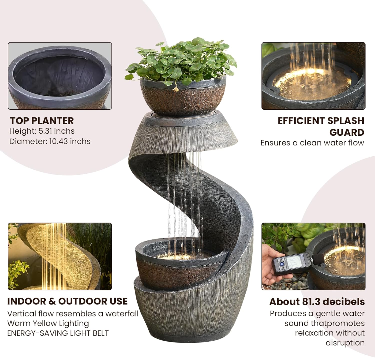 31.9' S-Shaped Outdoor Water Fountain with Lights – Resin Waterfall Fountain Outdoor with Planter Bowl, Modern Grey Garden Water Feature for Patio, Balcony, Yard, Home Decor