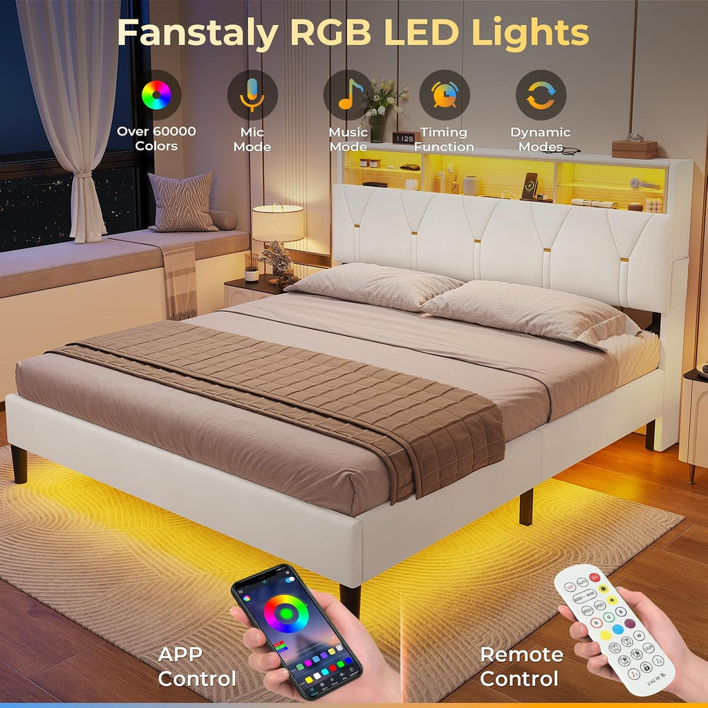 HAUOMS Queen Bed Frame with Storage Headboard and RGB LED Lights, Velet Upholstered Platform Bed Frame Queen Size with Type-C & USB Charging Station, Stable Easy Assembly,Creamy White