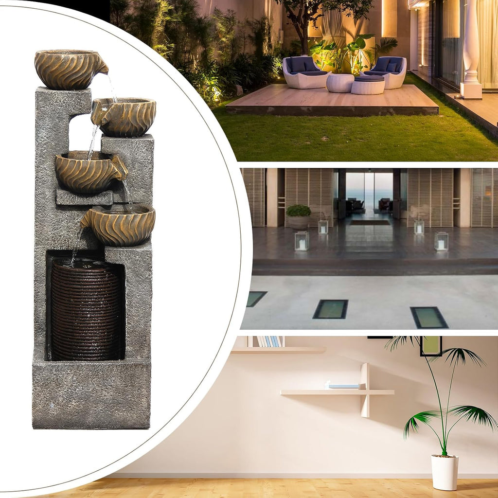 44.09''H Outdoor Garden Water Fountain with LED Lights Bowl Cascading Floor Standing Waterfall Fountains Indoor 5-Tiered Water Feature Decor for Backyard Lawn Porch Deck