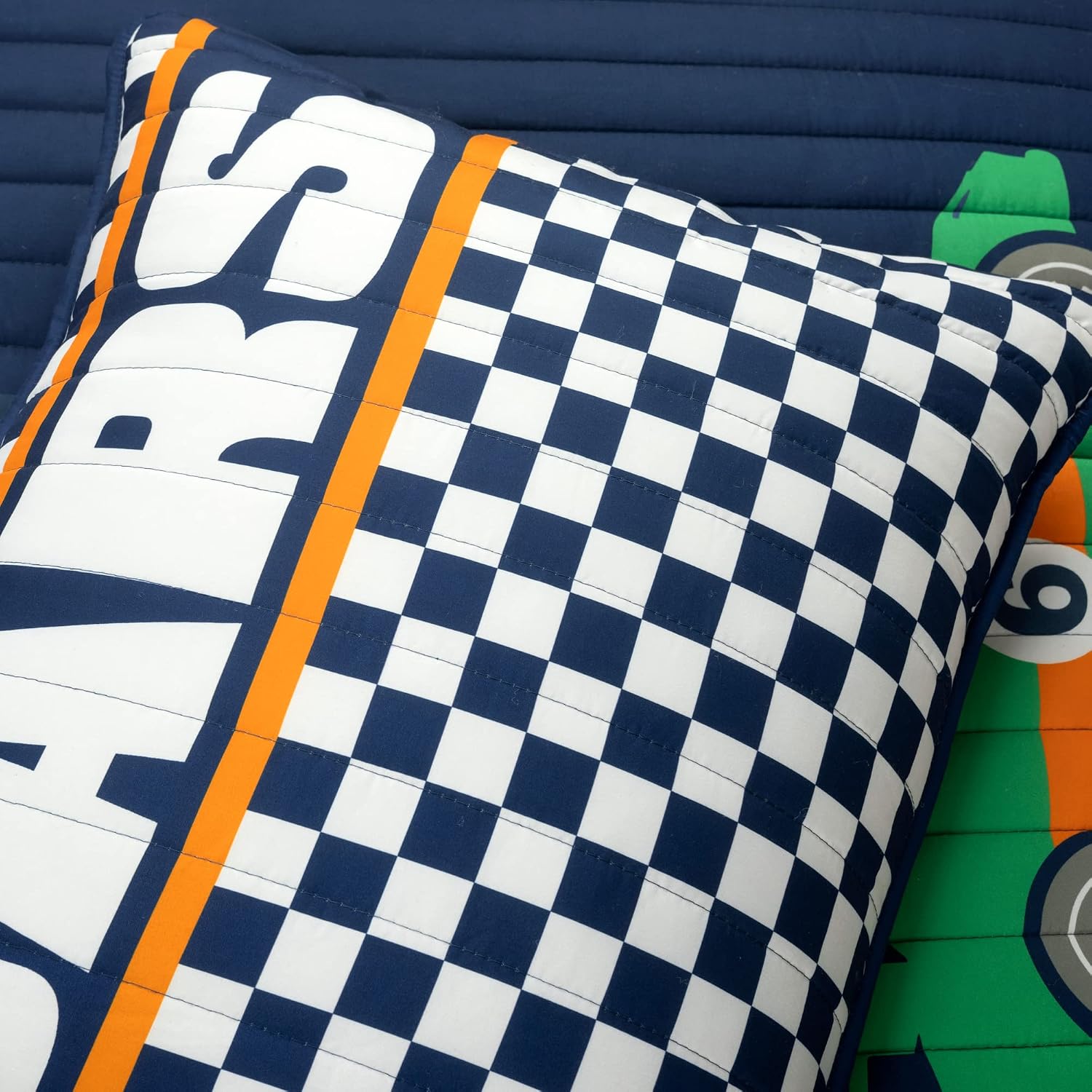 Lush Decor Racing Cars Reversible Quilt Queen Size 5 Piece Set Full/Queen Navy - Kids Bedding Set Queen Quilt - Car Decor