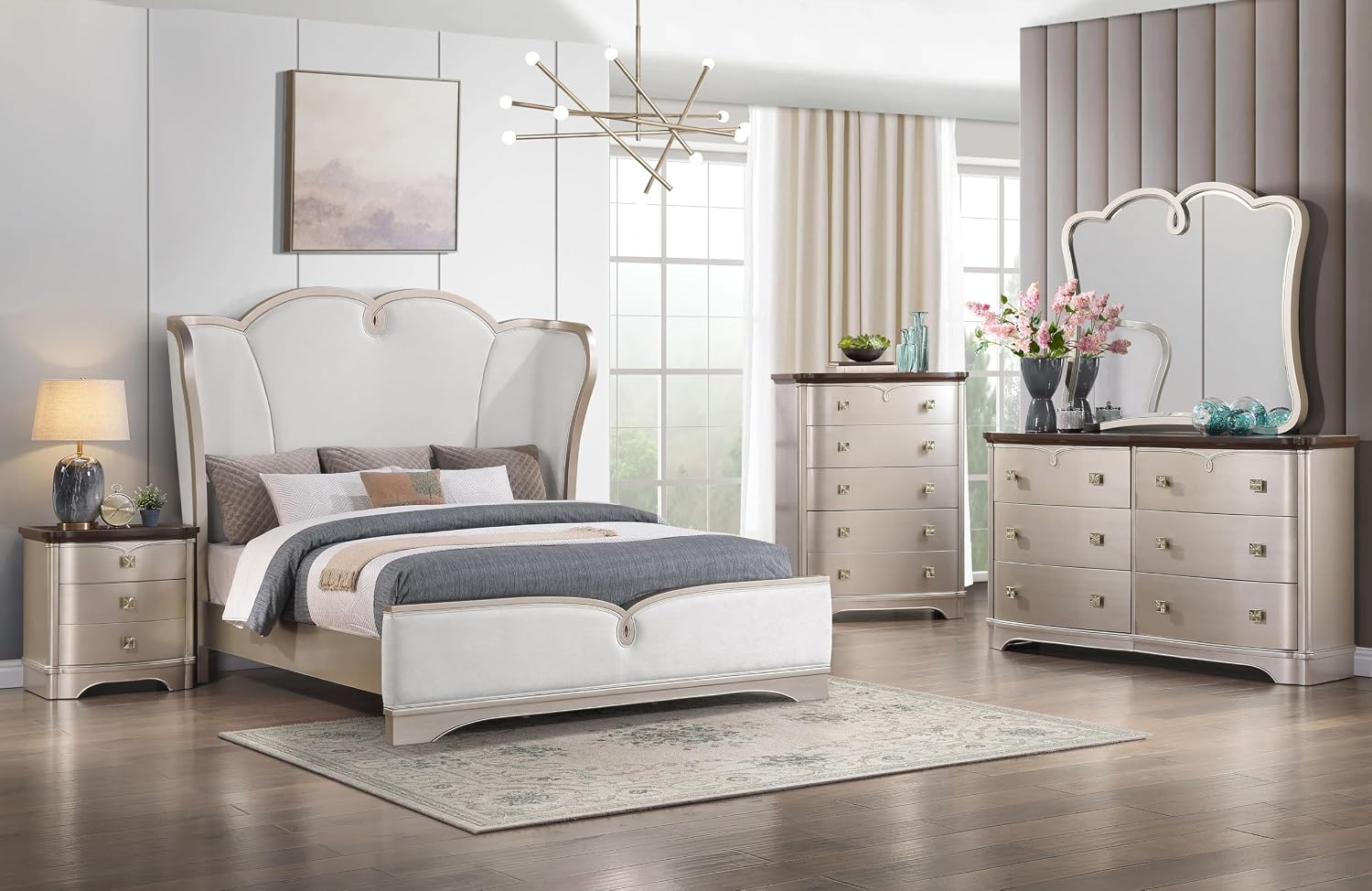 First of a Kind Traditional Wood Nightstand - Curved Frame, Carved Detailing, 28-Inch Wide - Classic European Style Bedroom Furniture with Soft Champagne Finish