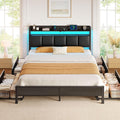 Rolanstar Bed Frame Queen Size with Charging Station and LED Lights, Upholstered Storage Headboard with Drawers, Heavy Duty Metal Slats, No Box Spring Needed, Easy Assembly, Black