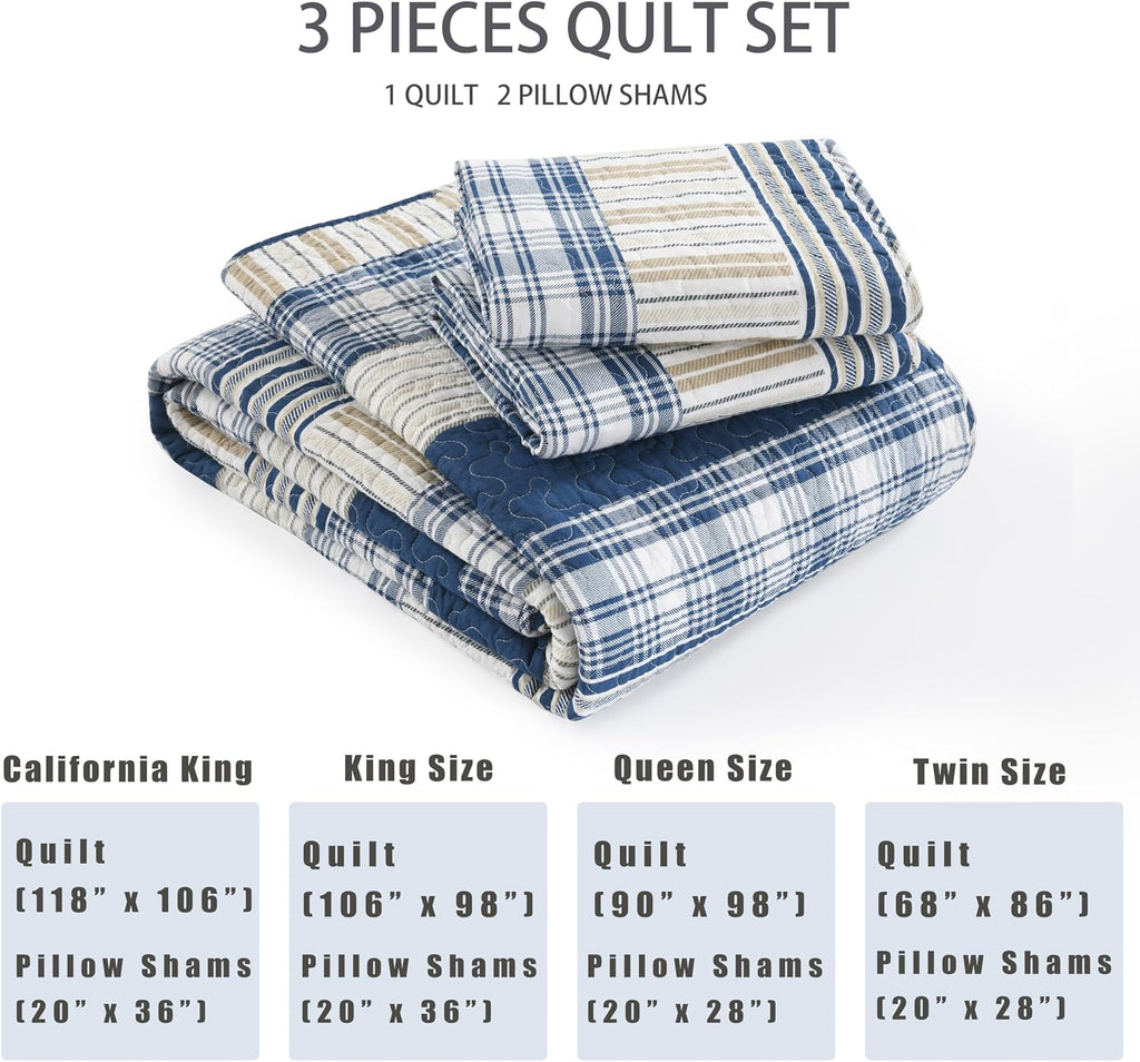 Homzard King Size Comforter Set - 100% Cotton Blue White Tan Quilt King Size,Farmhouse Plaid Striped Bedspread Set,Reversible Lightweight Quilts 3 Pieces