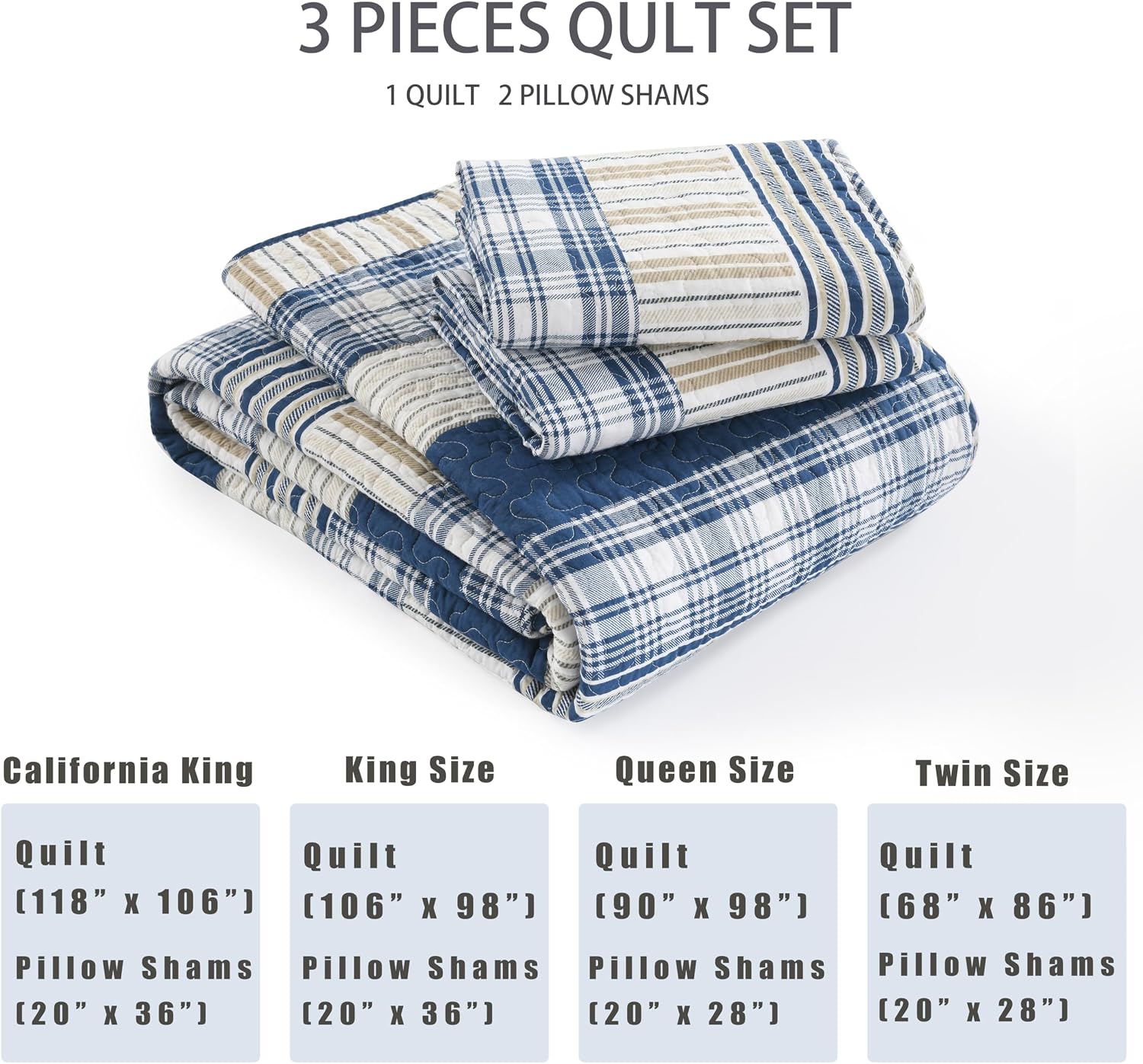 Homzard King Size Comforter Set - 100% Cotton Blue White Tan Quilt King Size,Farmhouse Plaid Striped Bedspread Set,Reversible Lightweight Quilts 3 Pieces