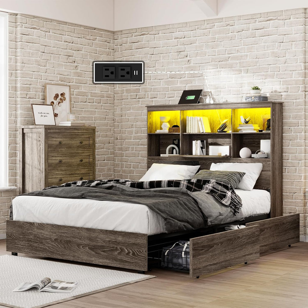 LUXOAK King Size Bed Frame with LED Bookcase Headboard, Wooden Storage Bed with Charging Station & 4 Drawers, No Box Spring Needed/Noise-Free/Rustic Grey