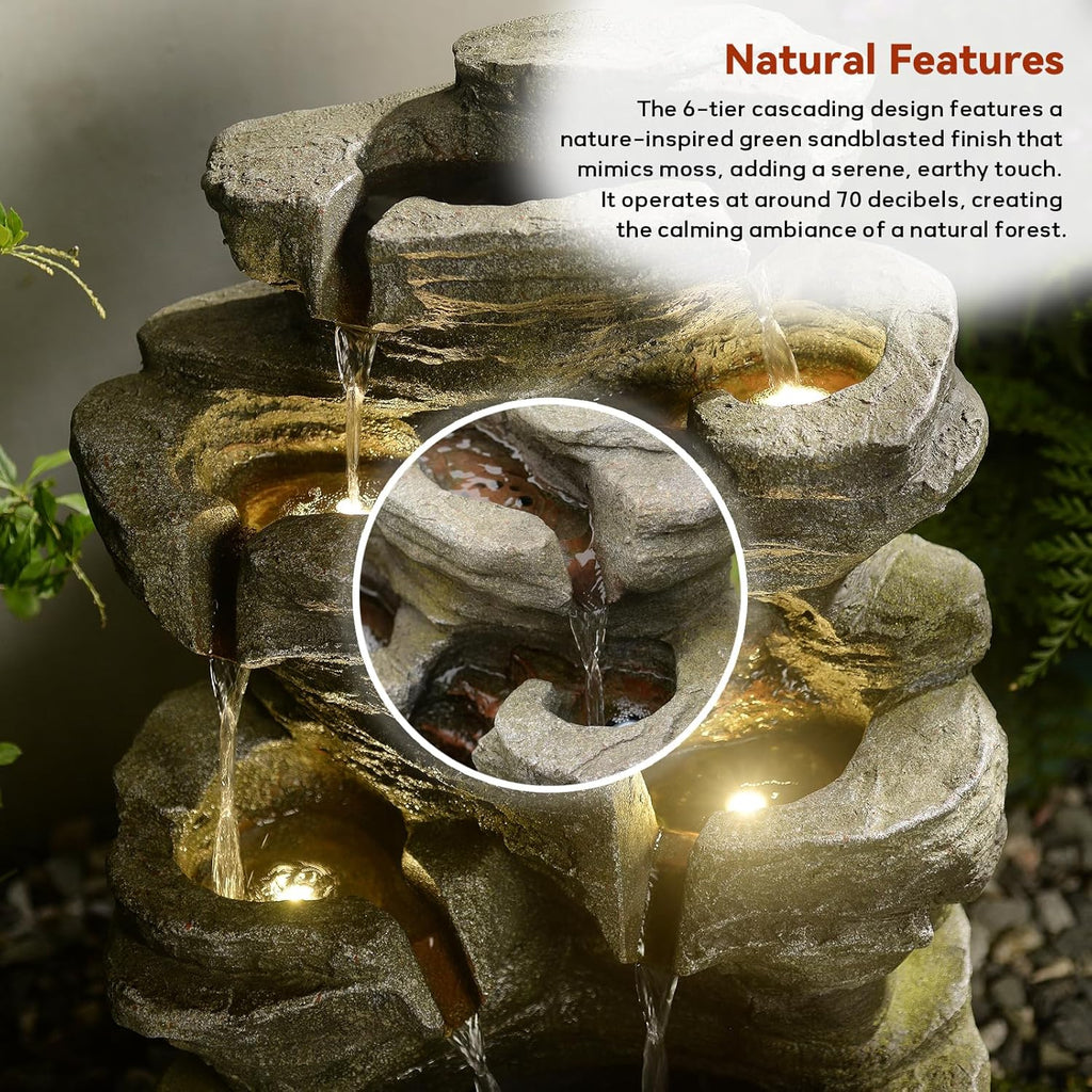 24.2' H Rock Cascading Water Fountain Outdoor&Indoor, 6-Tier Garden Naturefalls Fountains, Floor-Standing Waterfall with Lights for Patio, Backyard, Deck, Porch, Home DéCor, Stone Gray
