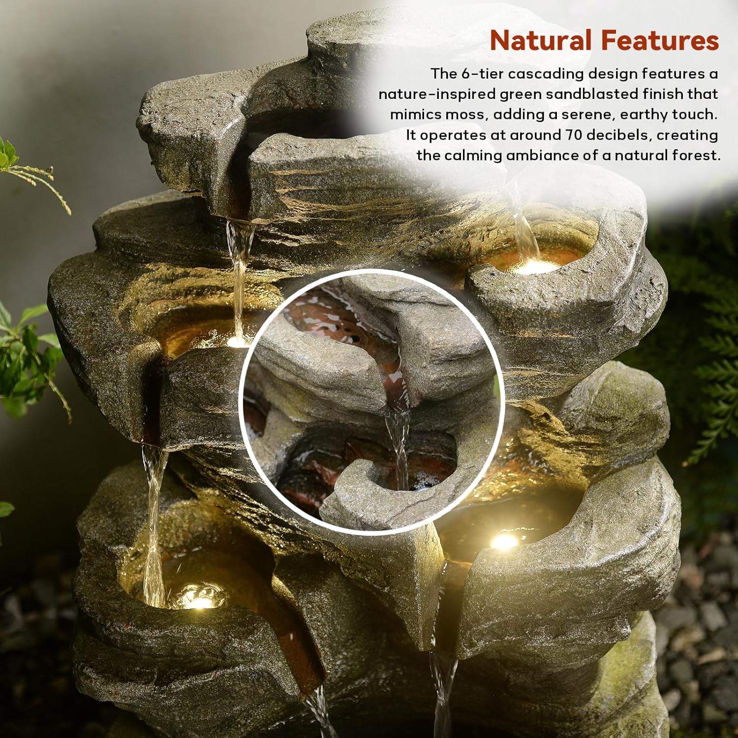 24.2' H Rock Cascading Water Fountain Outdoor&Indoor, 6-Tier Garden Naturefalls Fountains, Floor-Standing Waterfall with Lights for Patio, Backyard, Deck, Porch, Home DéCor, Stone Gray