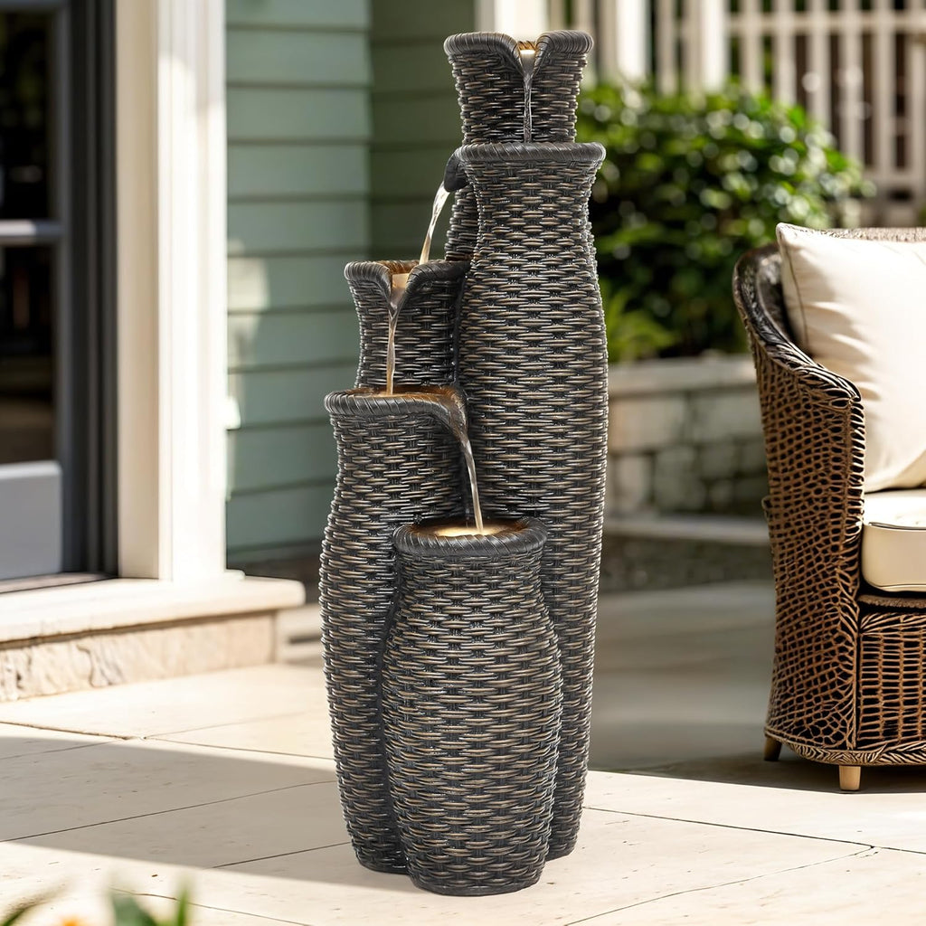 Faux Rattan Vase Water Fountain Outdoor with LED Lights, 5-Tier Polyresin Cascading Waterfall Feature, Tranquil Oasis for Garden, Patio, Yard, or Porch