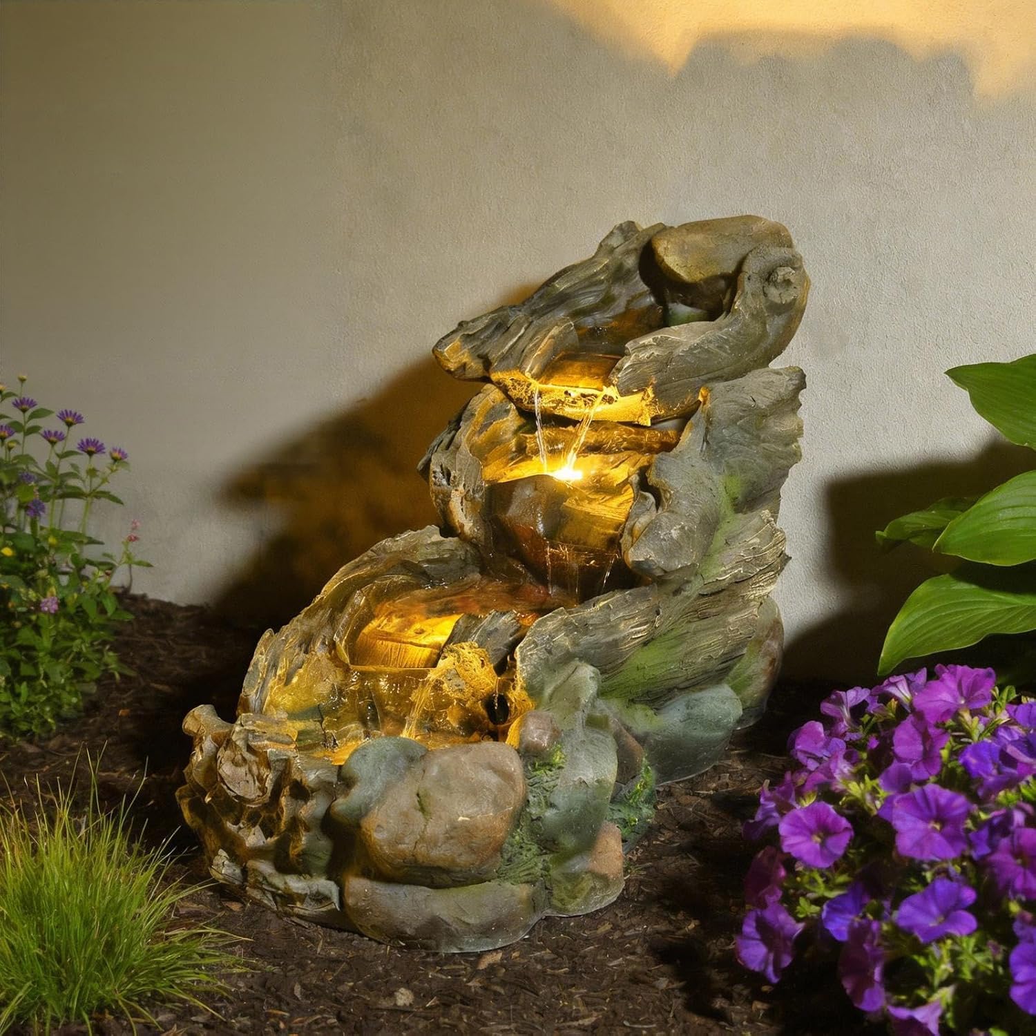 Sunlinua 37' L Outdoor Water Fountain with 3 Tiers Cascading Realistic Tree Trunk Waterfall Fountains with LED Lights Outdoor Water Fountain for Garden Patio Backyard Porch Home Decor