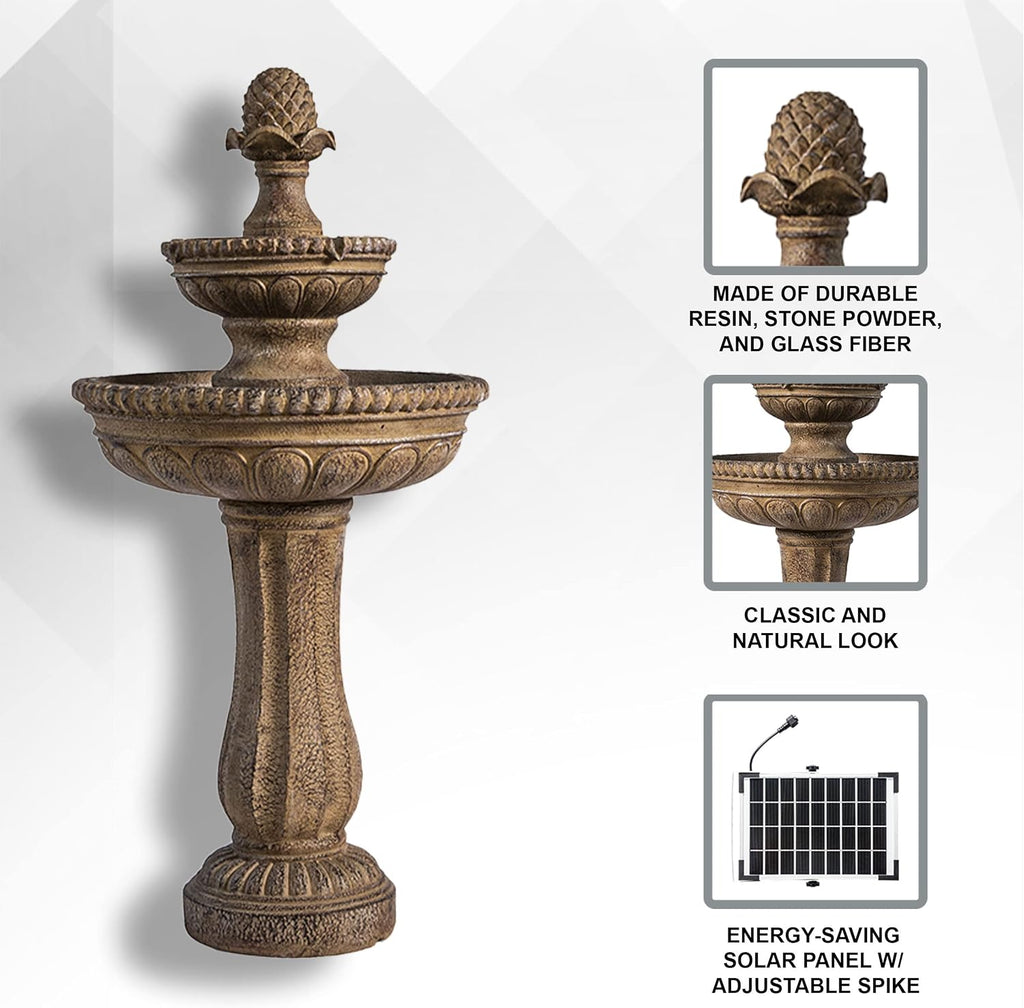 XBrand 39' Solar Water Fountain, 2-Tier Outdoor Sand Stone Resin with Solar Panel & Pump for Home Garden Yard Decor