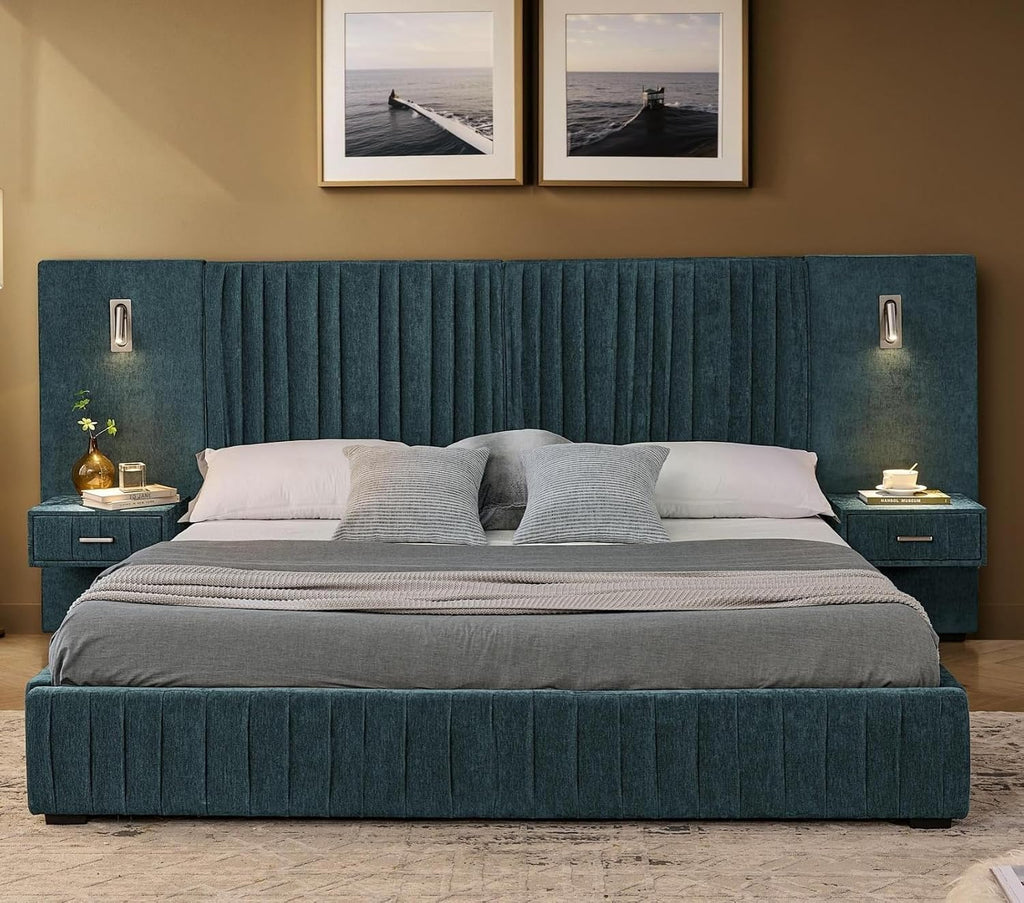 KEIKI Queen Size Chenille Bed Frame with 2 Nightstands, Lamps & Oversize Headboard, Solid Wood Frame Platform Night Stand Bedroom Set, Upholstered Floor Grounded Bed, No Box Spring Needed, Blue Green
