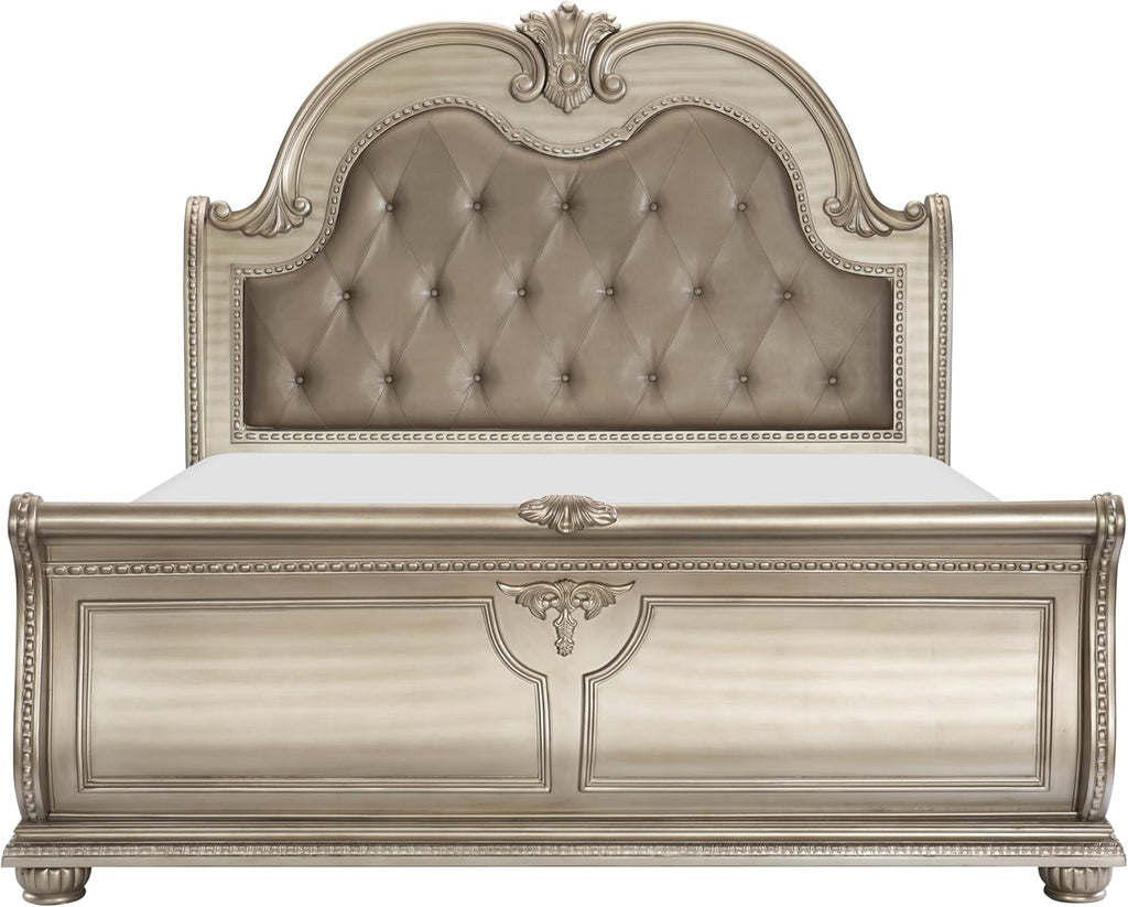 Traditional Classic 5 Pieces Cal-King Size Set Silver Finish Faux Leather Upholstered Bed Classic Design Marble Top Formal Bedroom Furniture