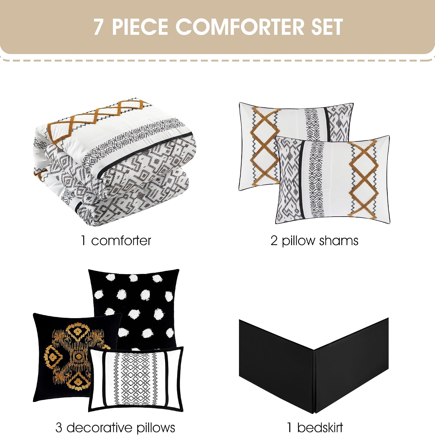 Grand Avenue Black Gold Comforter Set California King Size, 7 Piece Terry Embroidery All Season Bedding Set, Bedskirt, Pillows & Shams