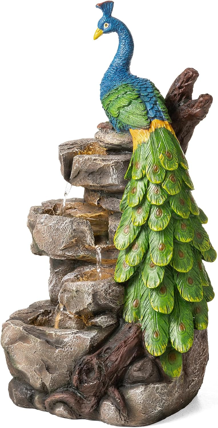 Glitzhome Outdoor Water Fountain,20.5' H Polyresin Outdoor Fountain with Lights, 4-Tierd Peacock W/Stacked Stone Decorative Waterfall Feature Garden Fountain with Pump for Garden, Patio, Porch Decor