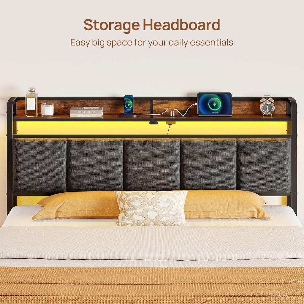Rolanstar Bed Frame Queen Size with Charging Station and LED Lights, Upholstered Storage Headboard with Drawers, Heavy Duty Metal Slats, No Box Spring Needed, Easy Assembly, Rustic Brown