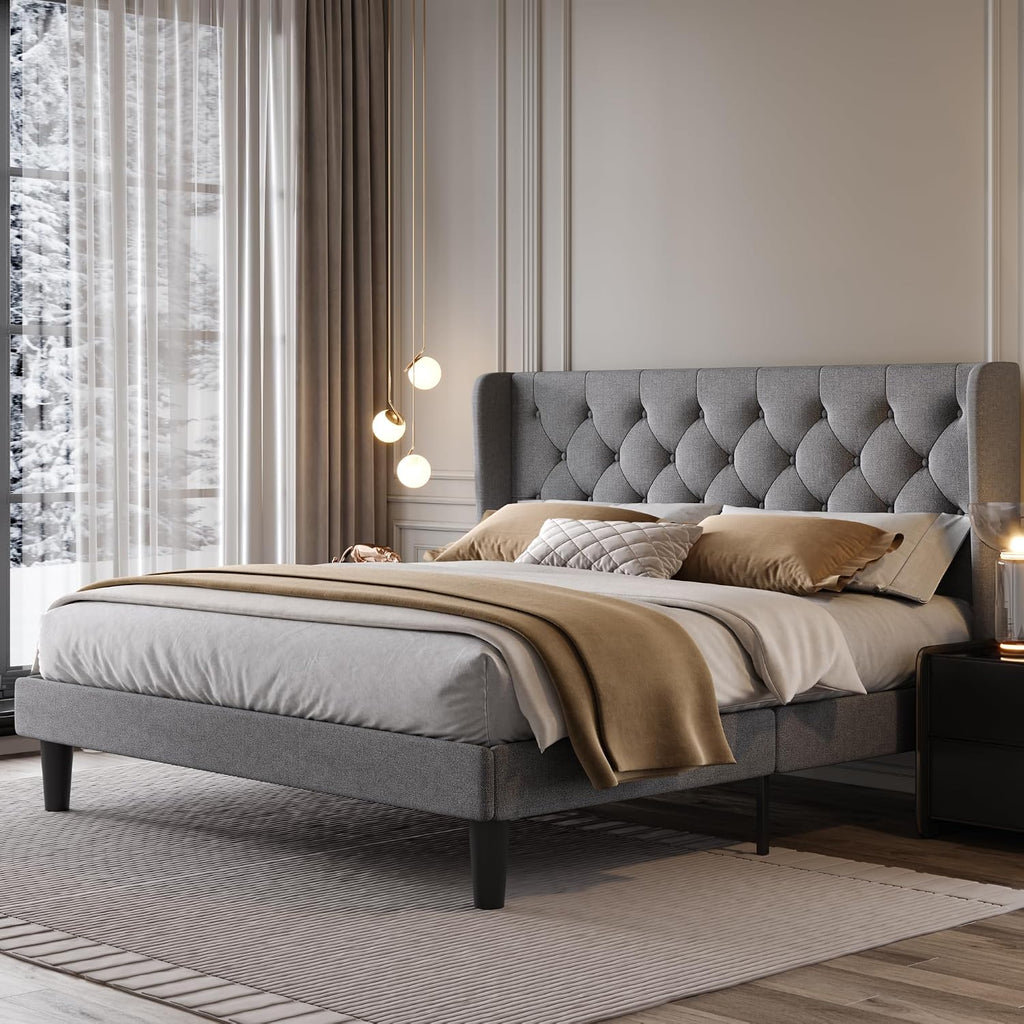 SHA CERLIN King Size Upholstered Platform Bed Frame with Wingback Headboard, Tufted Linen Fabric, Wooden Slats Support, Easy Assembly, Light Grey