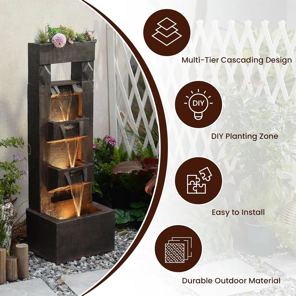 Bumilgar 40.9' H 4-Tier Indoor/Outdoor Modern Water Fountain with Led Lights and Pump, Outdoor Freestanding Cascading Waterfall - Suitable for Garden, Patio, Porch, Yard and Outdoor Decor (Brown)
