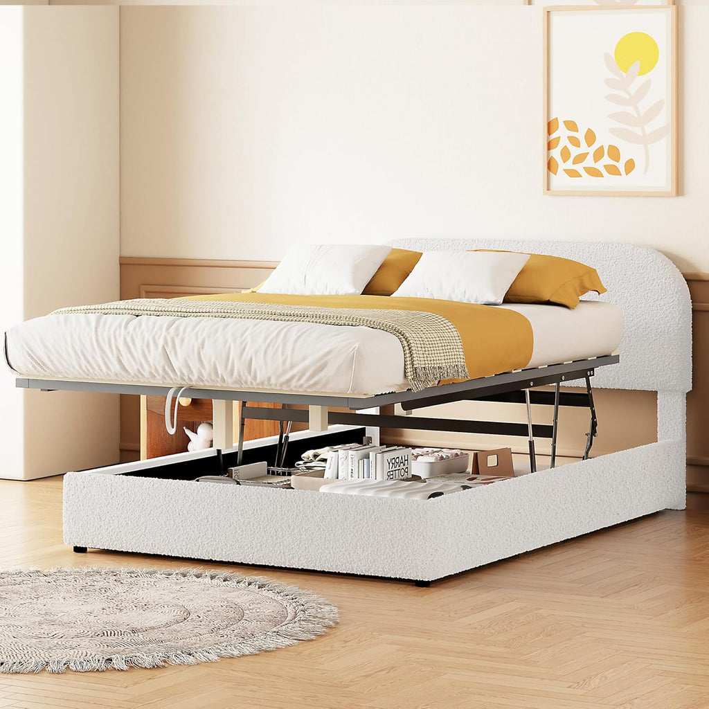 Full Size Platform Bed with Hydraulic Storage, Modern Teddy Fleece Upholstered Headboard and Wood Slats Support for Kids Teens Adults (White-131J)