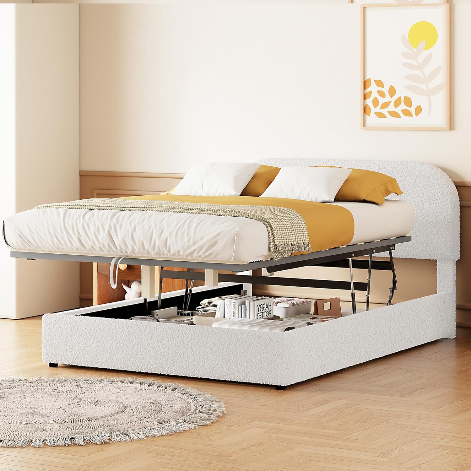 Full Size Platform Bed with Hydraulic Storage, Modern Teddy Fleece Upholstered Headboard and Wood Slats Support for Kids Teens Adults (White-131J)