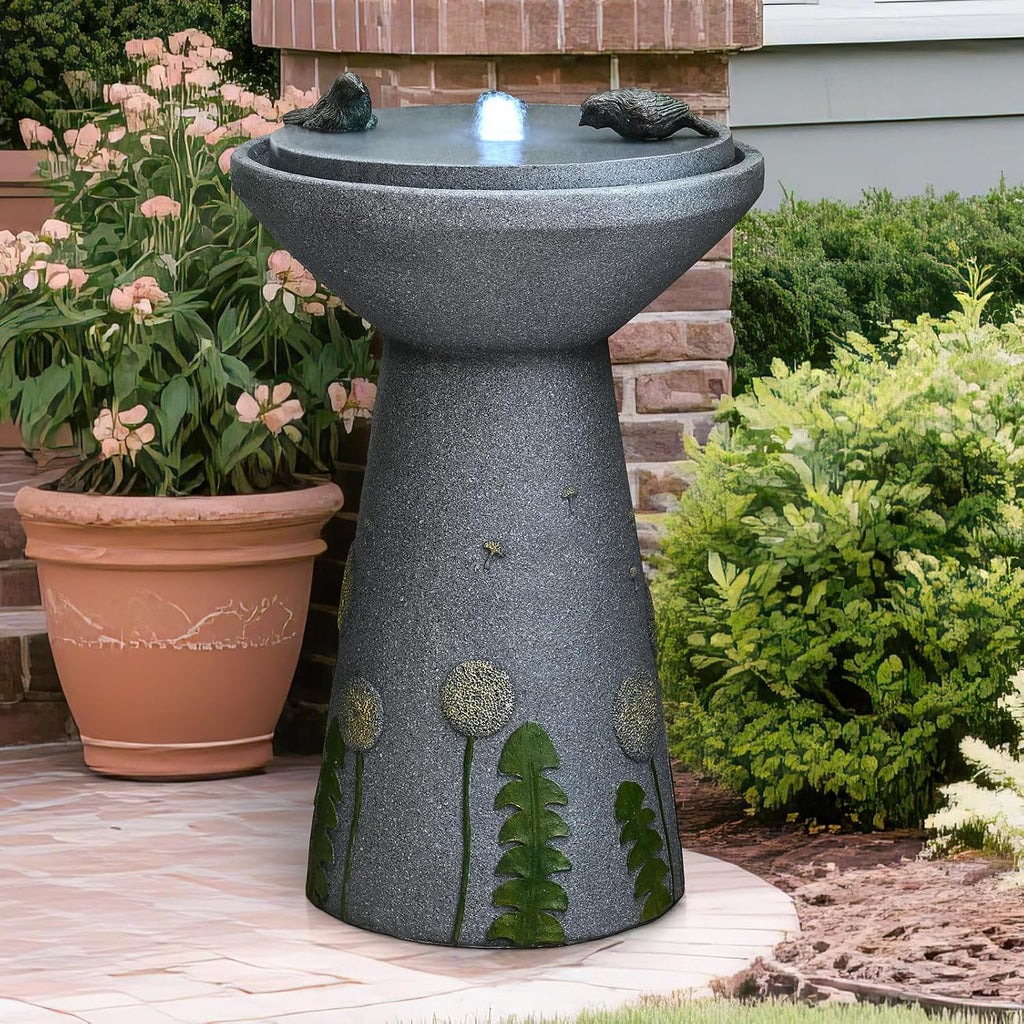 30.7' Outdoor Garden Floor-Standing Water Fountain with LED Light and Pump, Two Birds Embossed Pattern Pedestal Ceramic Watefall for Patio, Backyard, Deck, Porch and Home Art Decor (30.7' Two Birds)