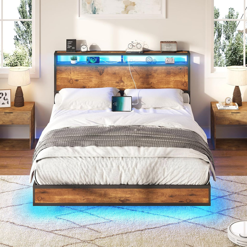 AMERLIFE Queen Size Floating Bed Frame with 2-Tier Storage Headboard, Metal Bed Frame with Charging Station & LED Lights, No Box Spring Needed, Rustic Brown