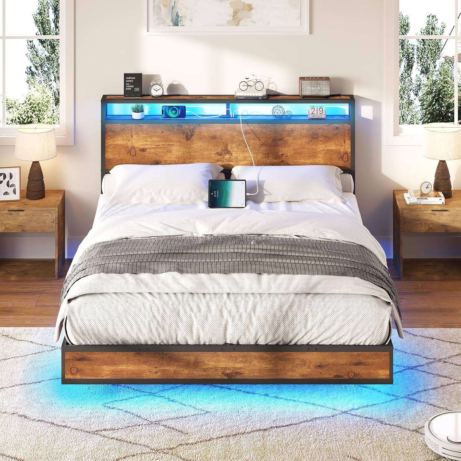 AMERLIFE Queen Size Floating Bed Frame with 2-Tier Storage Headboard, Metal Bed Frame with Charging Station & LED Lights, No Box Spring Needed, Rustic Brown
