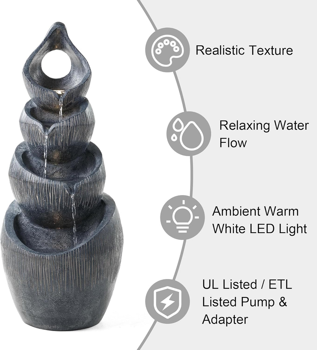 Glitzhome Outdoor Fountain with Lights & Pump, 34' H 4-Tiered Cascading Zen-Style Water Fountain Outdoor, Alms Bowl Polyresin Waterfall Water Feature for Garden, Patio, Yard, Deck Decor