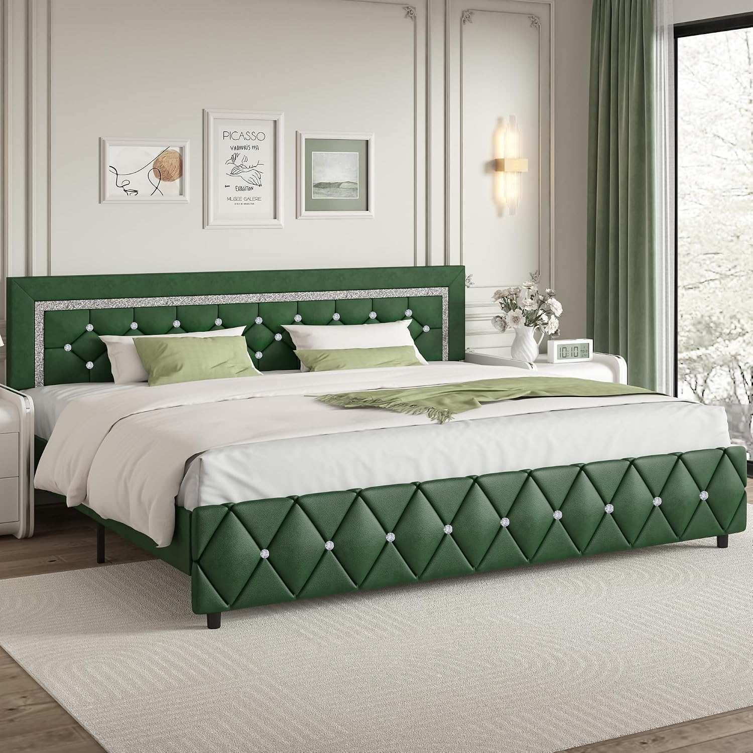 BarnFurin King Size Bed Frame with Headboard, Upholstered Bed with Diamond Tufted Design, Wooden Slats Support, No Box Spring Required, Easy Assembly, Green