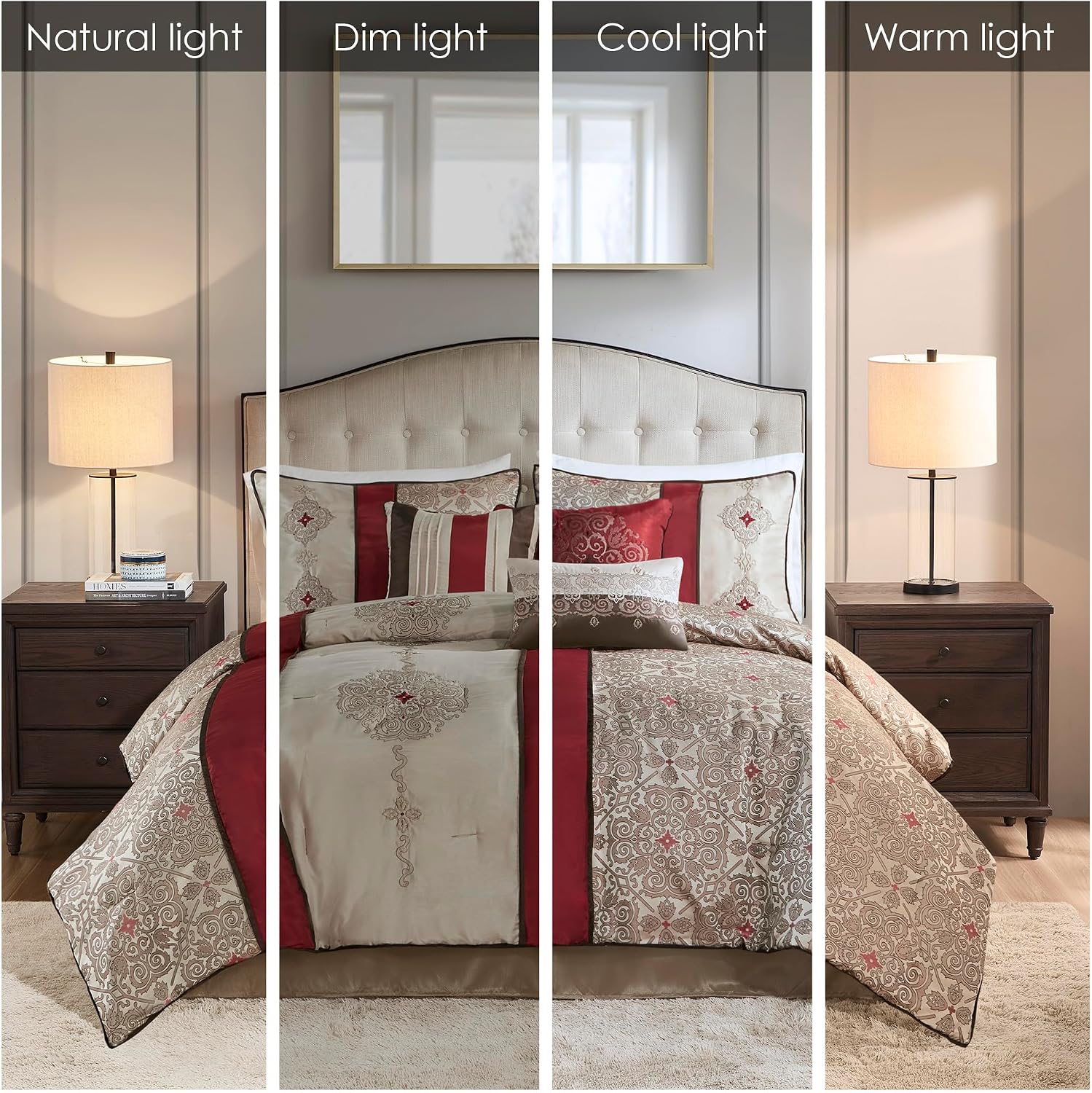 Madison Park Comforter Faux Silk-Traditional Luxurious Jacquard Design All Season Set, Matching Bed Skirt, Decorative Pillows, King(104'x92'), Red 7 Piece