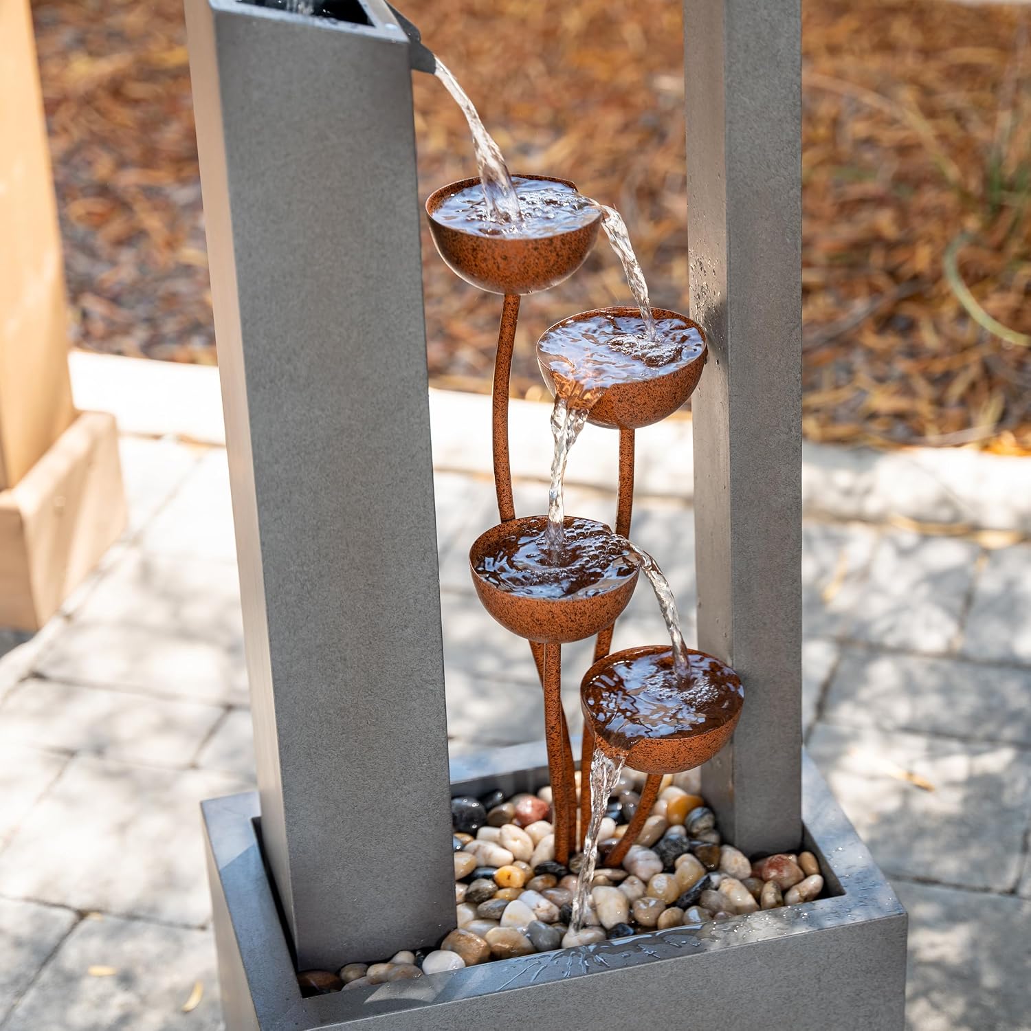 XBrand 38' Tall Gray and Bronze Metal Sculptural Flower Multi-Tier Freestanding Water Fountain for Indoor & Outdoor Use, Decorative Garden Patio Backyard Water Feature