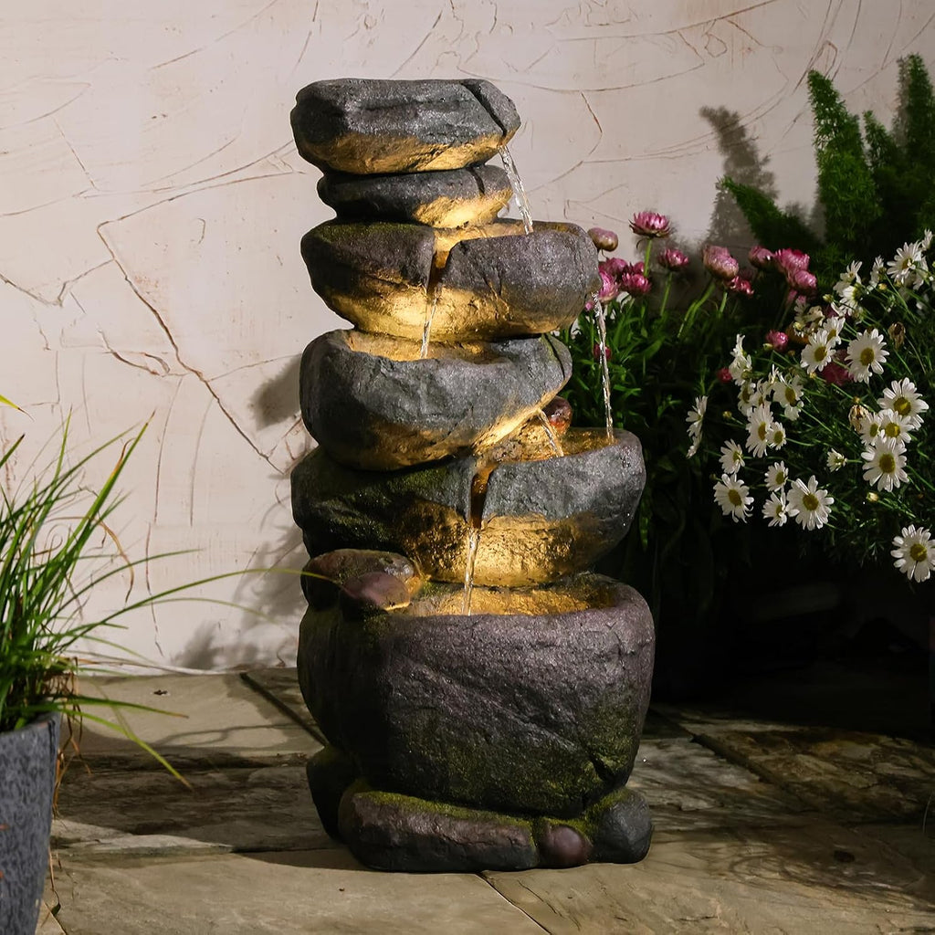 Bumilgar 27.8' H Outdoor Water Fountain with LED Lights, 5-Tier Cascading Stone Waterfall Fountain, Natural Rock Resin Outdoor Water Fountain for Garden Patio Backyard Porch Indoor Decor