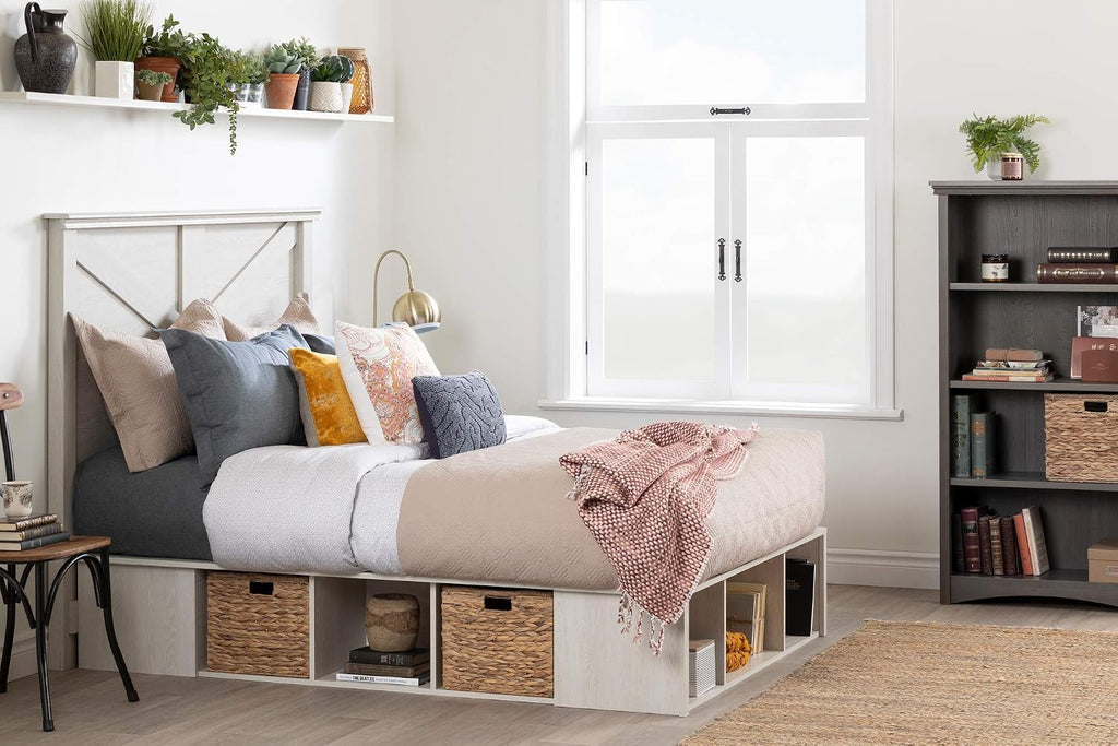 South Shore Avilla Full Storage Bed with Baskets, Double, Winter Oak and Rattan