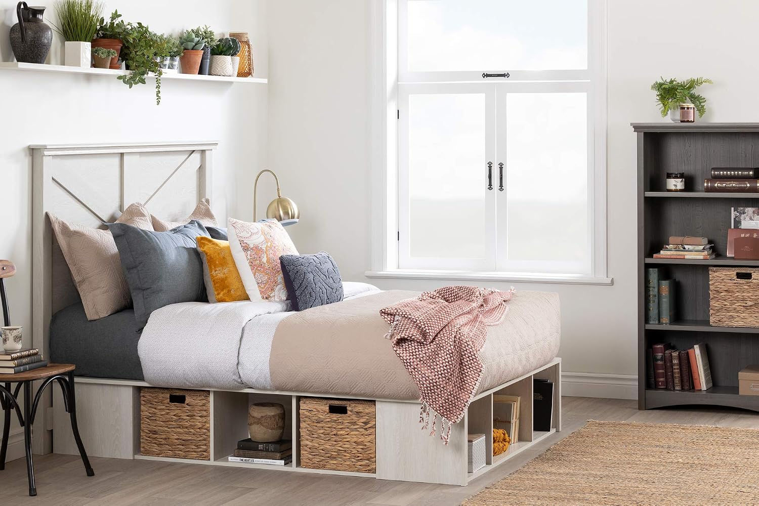 South Shore Avilla Full Storage Bed with Baskets, Double, Winter Oak and Rattan