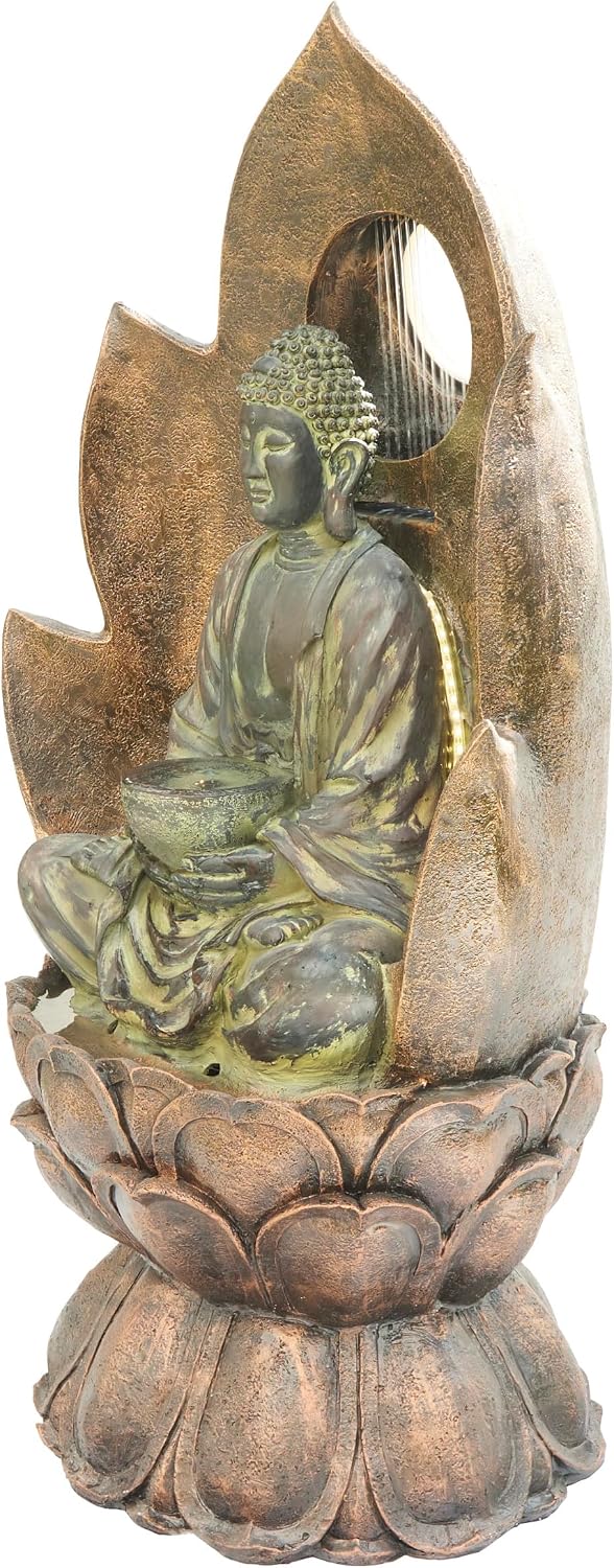Alpine Corporation 59' Tall Outdoor Buddha Fountain with LED Lights, Elegant Water Feature for Garden, Patio, Yard & Outdoor Spaces, Realistic Stone Look, Calming Waterfall for Relaxation, Brown