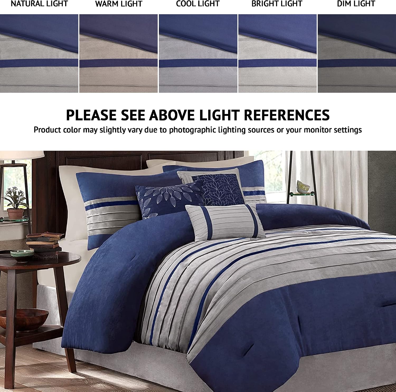 Madison Park Cozy Comforter Set-Luxury Faux Suede Design, Striped Accent, All Season Down Alternative Bedding, Matching Shams, Decorative Pillow, Blue, California King (104 in x 92 in)