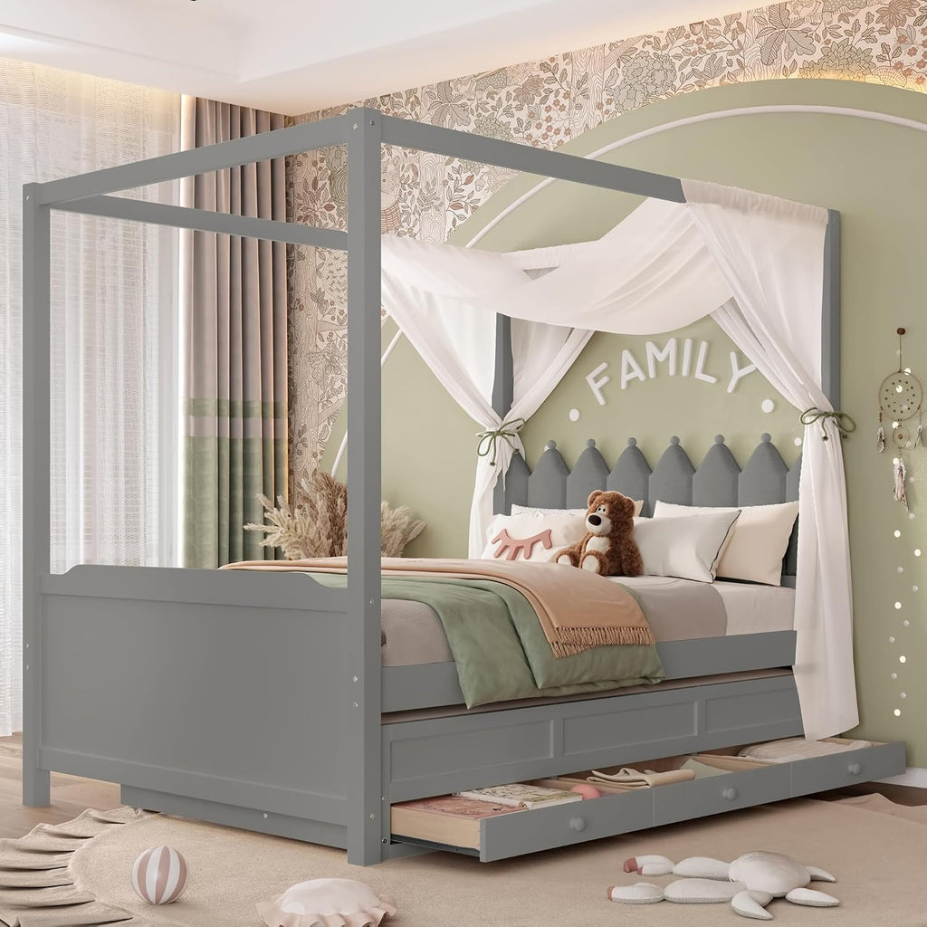 Full Size Wood Canopy Bed with Upholstered Headboard, Twin Size Trundle and 3 Drawers, No Box Spring Needed (Gray, Full)