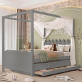 Full Size Wood Canopy Bed with Upholstered Headboard, Twin Size Trundle and 3 Drawers, No Box Spring Needed (Gray, Full)