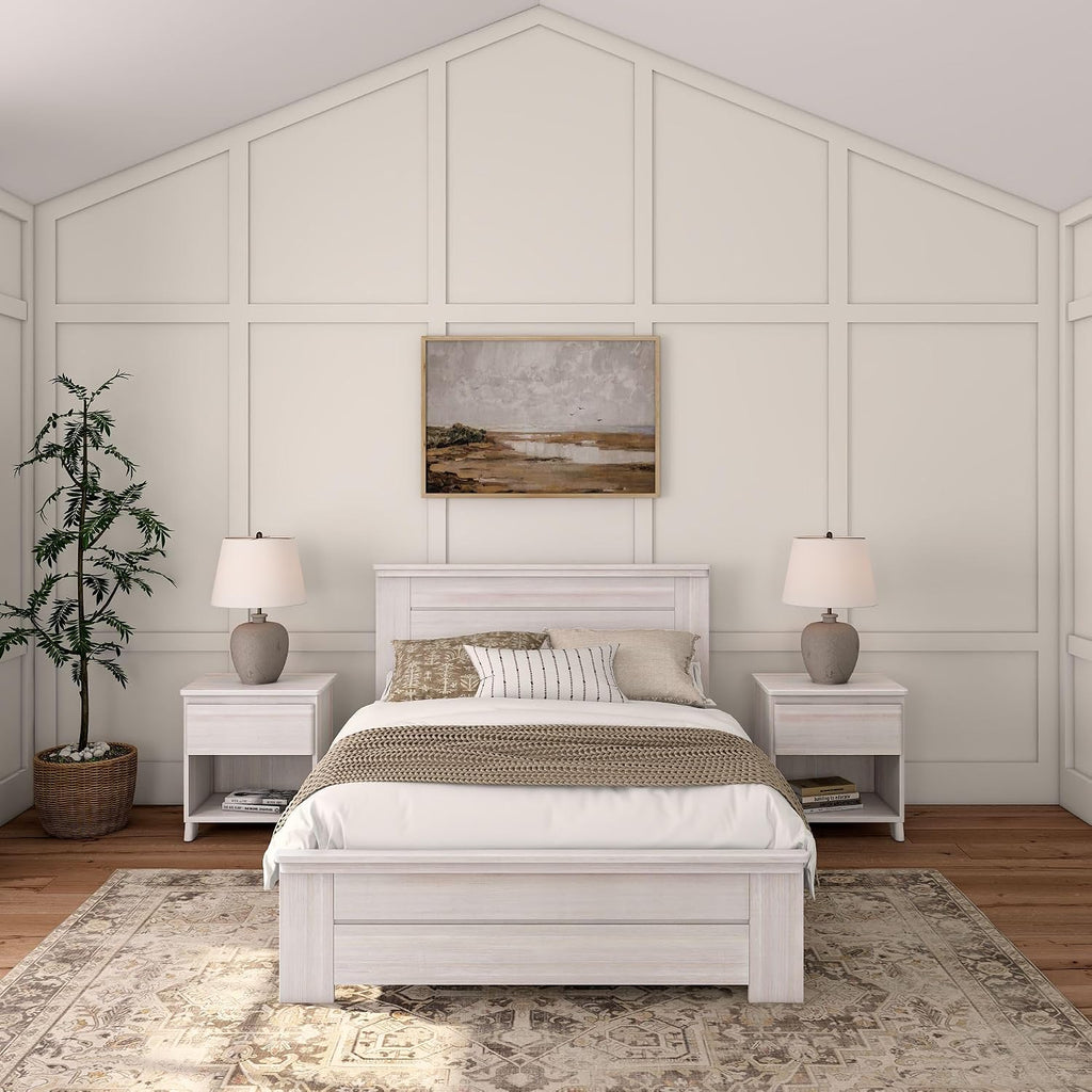 Plank+Beam Rustic Wood Full Bed Frame, Platform Bed with Headboard, Solid, White Wash